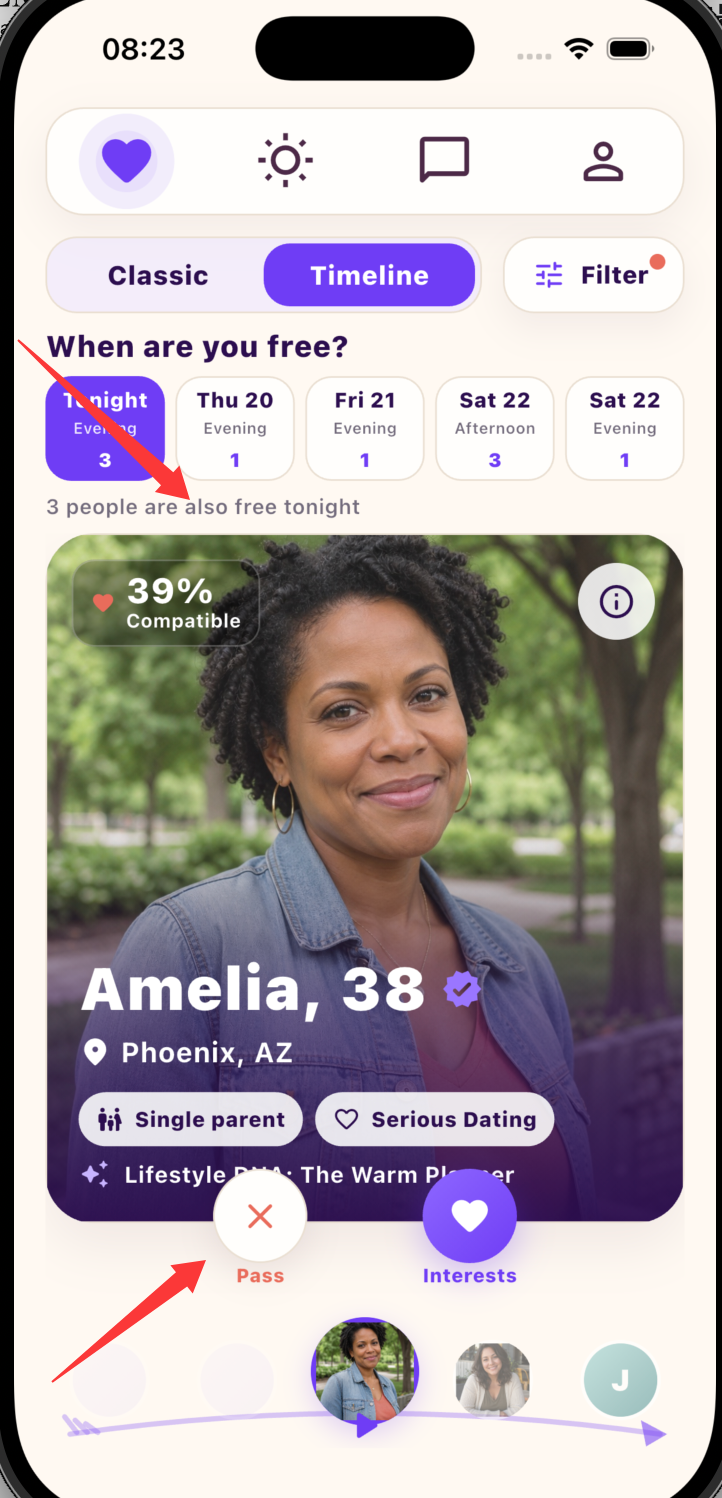 Vida Timeline showing nearby people who share the same availability